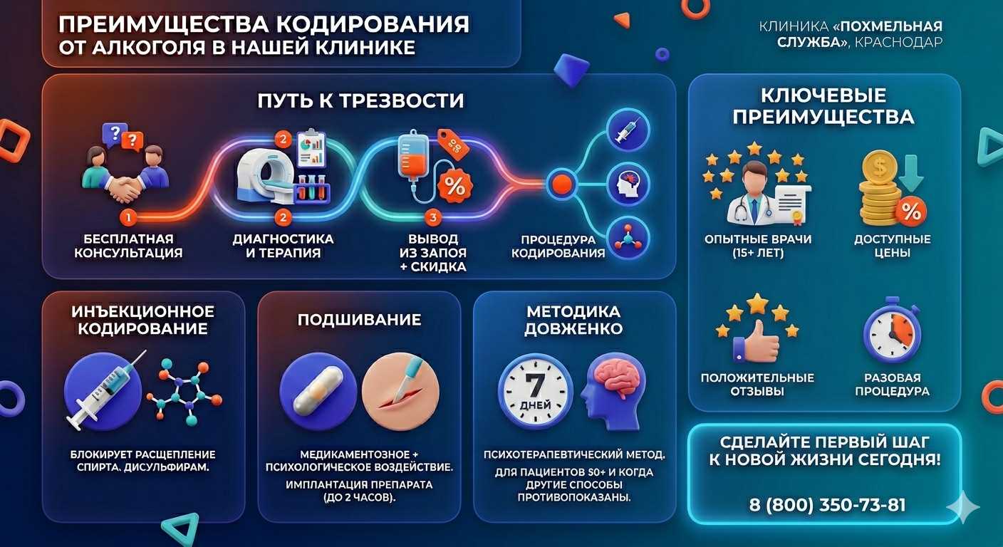 Инфографика о методах кодирования от алкоголя в Марксе: инъекции, подшивание, метод Довженко. Преимущества клиники и этапы лечения.