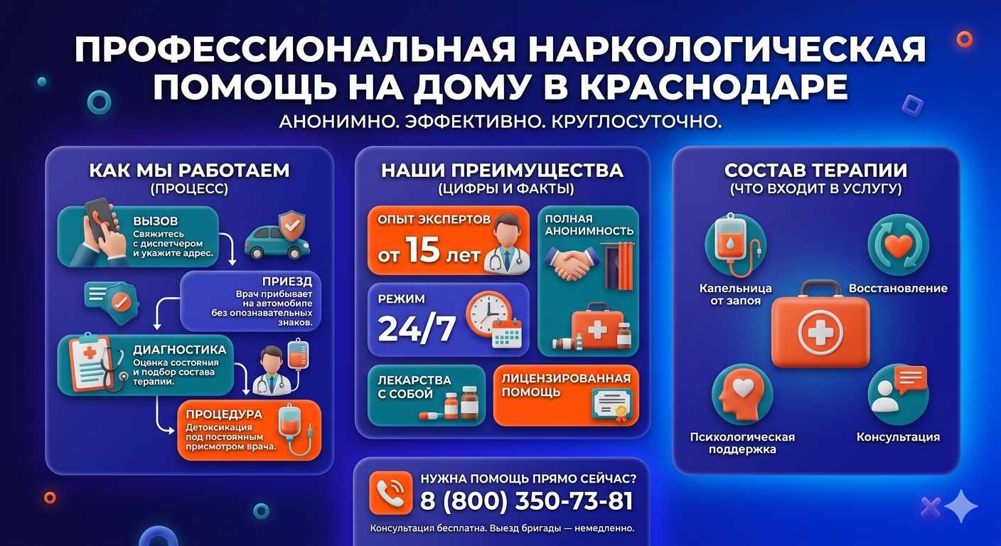 Инфографика о принципах лечения алкоголизма на дому в Марксе: этапы вызова нарколога, преимущества анонимной детоксикации и состав медицинской помощи.